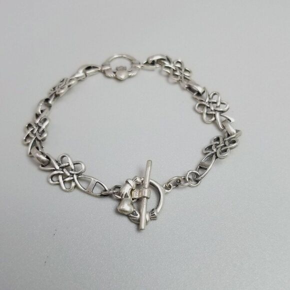 Vintage Sterling Silver Celtic Infinity Love Knots Link Bracelet Claddagh Toggle - Picture 2 of 9